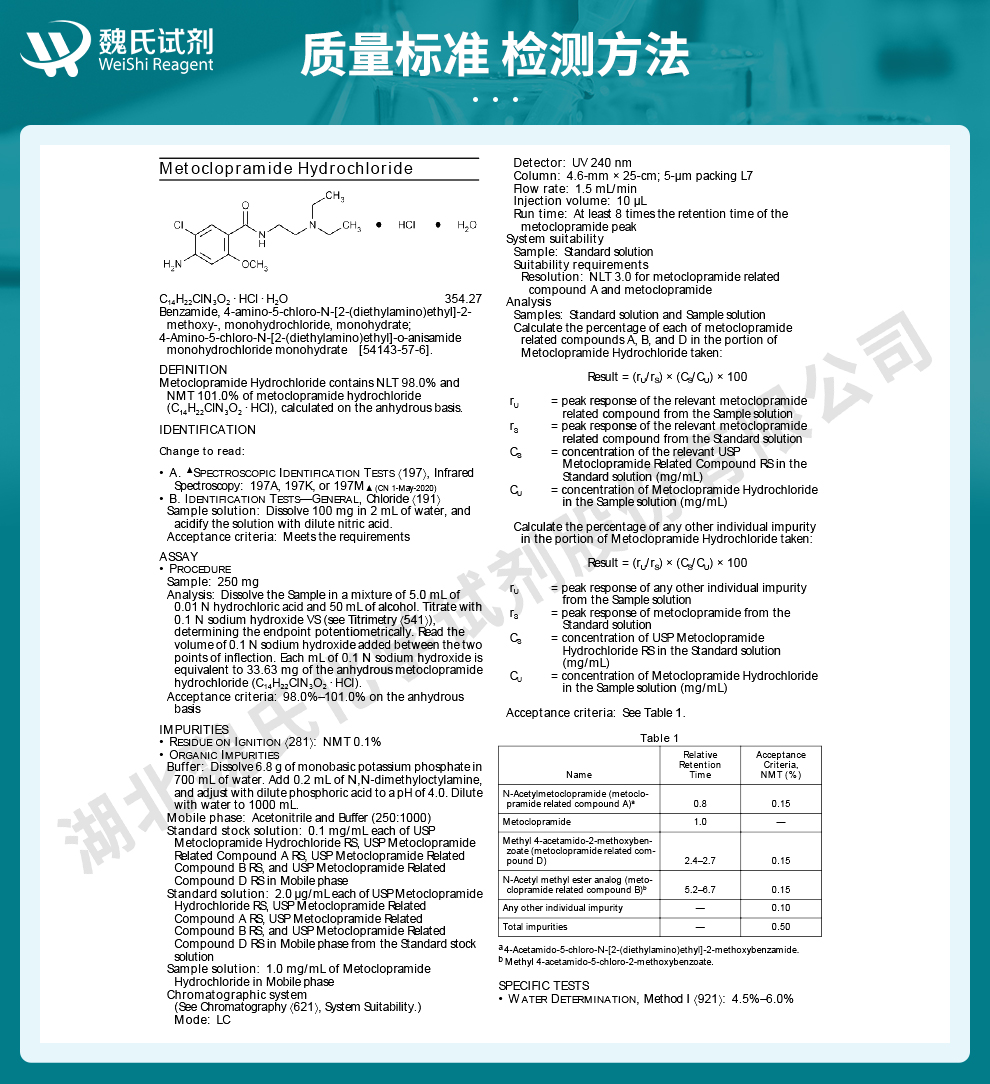 盐酸甲氧氯普胺；盐酸胃复安质量标准和检测方法